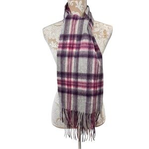 Edinburgh Lambswool Plaid Scarf Wrap Shawl Purple Gray Warm Wool 64" x 10"